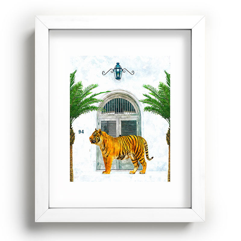 94 Tropical, Greece Architecture Buildings Tiger Wild Cat Watercolor Palm Travel Bohemian Painting Framed Art Print