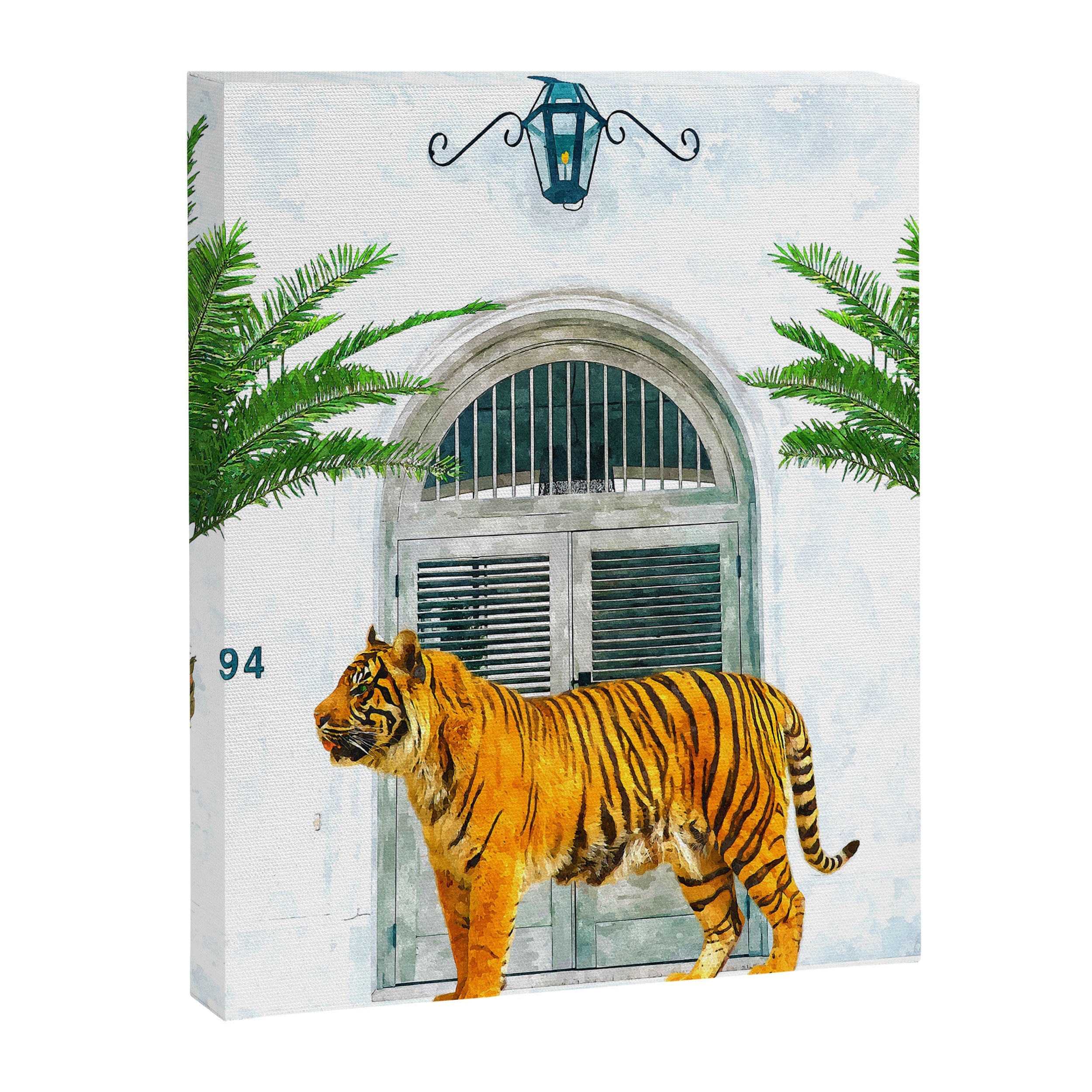94 Tropical, Greece Architecture Buildings Tiger Wild Cat Watercolor Palm Travel Bohemian Painting Canvas Print