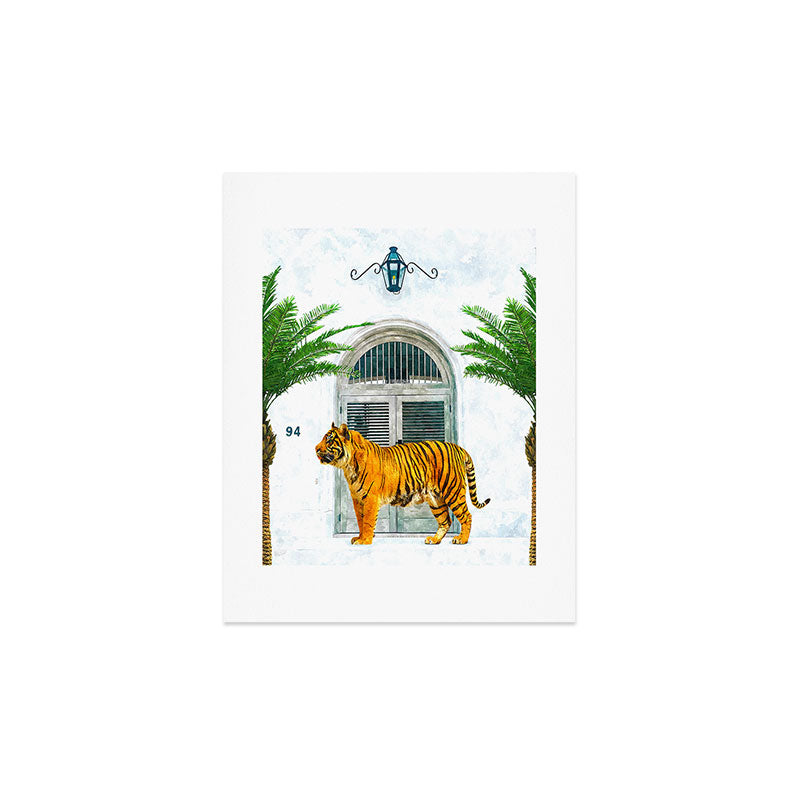 94 Tropical, Greece Architecture Buildings Tiger Wild Cat Watercolor Palm Travel Bohemian Painting Art Print