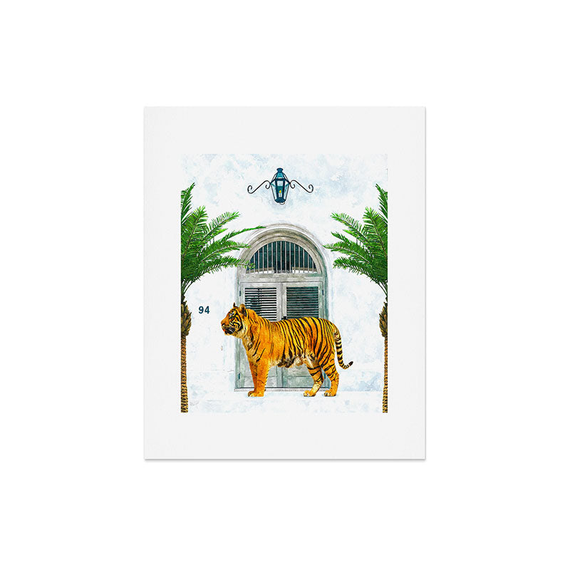 94 Tropical, Greece Architecture Buildings Tiger Wild Cat Watercolor Palm Travel Bohemian Painting Art Print