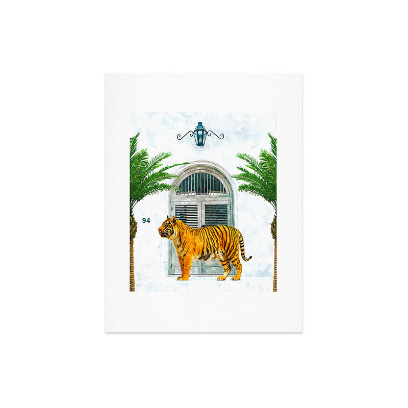 94 Tropical, Greece Architecture Buildings Tiger Wild Cat Watercolor Palm Travel Bohemian Painting Art Print