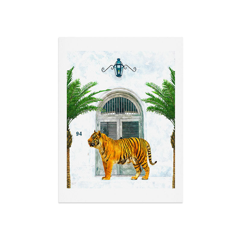 94 Tropical, Greece Architecture Buildings Tiger Wild Cat Watercolor Palm Travel Bohemian Painting Art Print