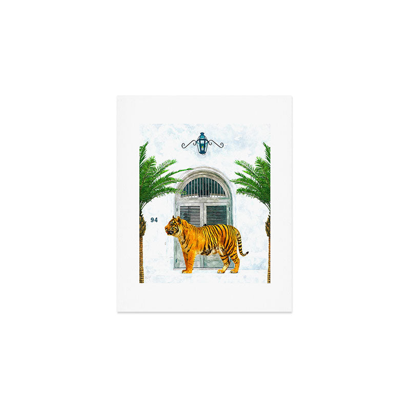 94 Tropical, Greece Architecture Buildings Tiger Wild Cat Watercolor Palm Travel Bohemian Painting Art Print