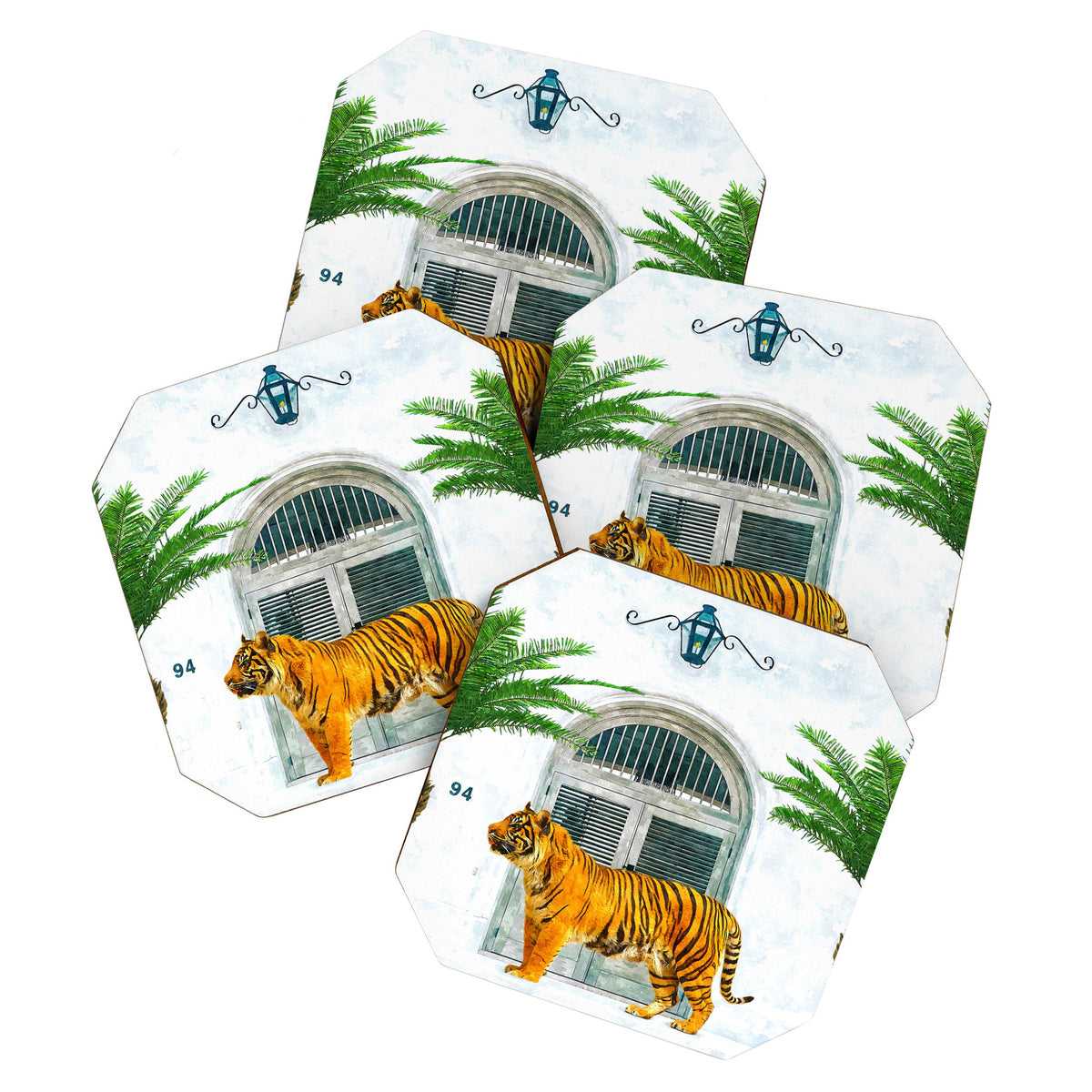 94 Tropical, Greece Architecture Buildings Tiger Wild Cat Watercolor Palm Travel Bohemian Painting Coaster