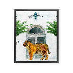 94 Tropical, Greece Architecture Buildings Tiger Wild Cat Watercolor Palm Travel Bohemian Painting Framed Canvas Print