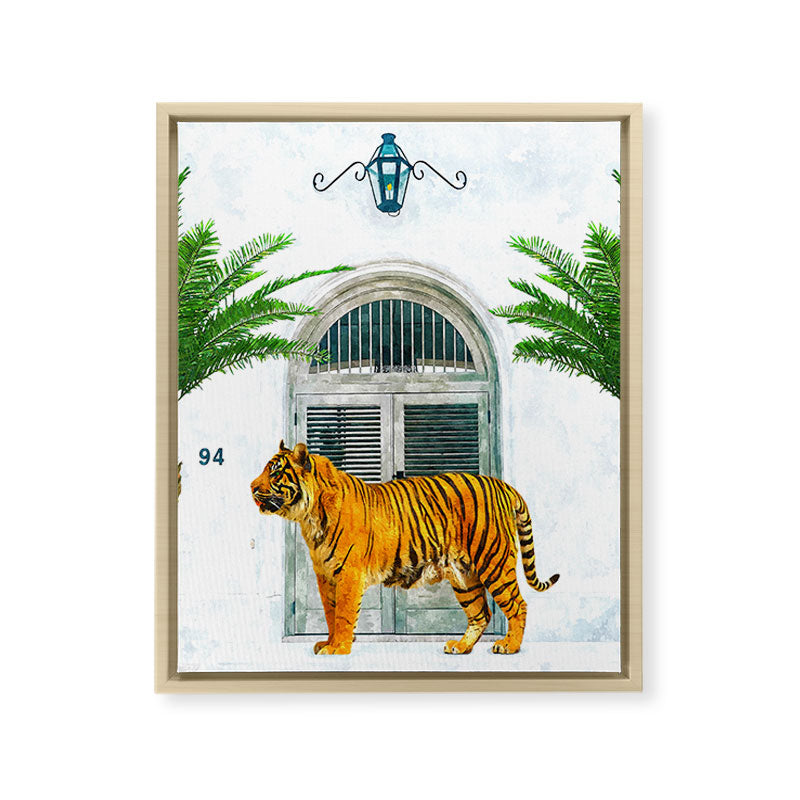 94 Tropical, Greece Architecture Buildings Tiger Wild Cat Watercolor Palm Travel Bohemian Painting Framed Canvas Print
