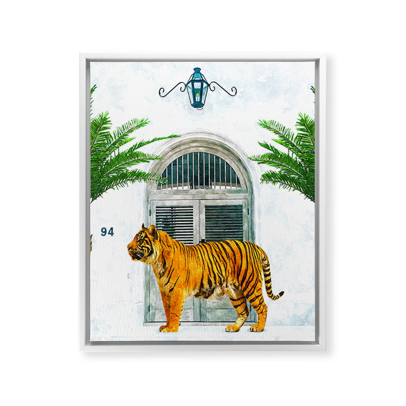 94 Tropical, Greece Architecture Buildings Tiger Wild Cat Watercolor Palm Travel Bohemian Painting Framed Canvas Print