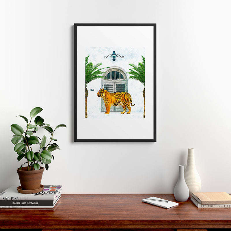 94 Tropical, Greece Architecture Buildings Tiger Wild Cat Watercolor Palm Travel Bohemian Painting Framed Art Print