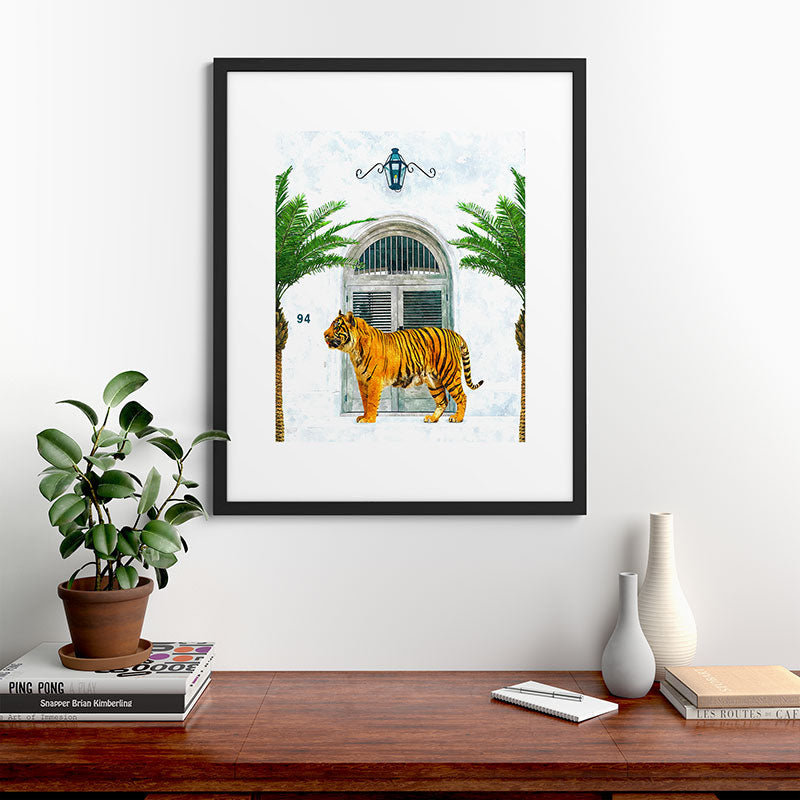 94 Tropical, Greece Architecture Buildings Tiger Wild Cat Watercolor Palm Travel Bohemian Painting Framed Art Print