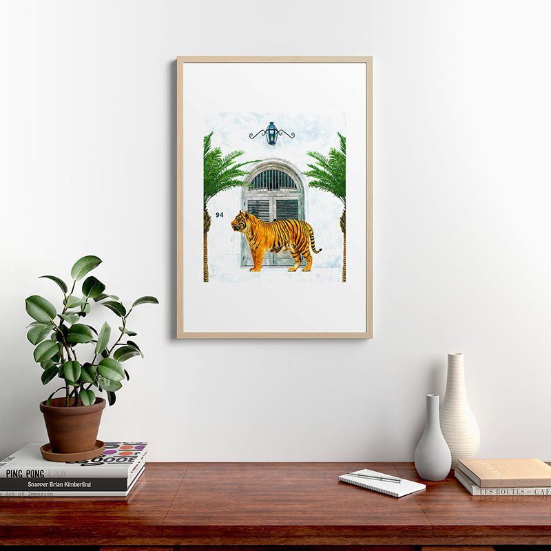 94 Tropical, Greece Architecture Buildings Tiger Wild Cat Watercolor Palm Travel Bohemian Painting Framed Art Print