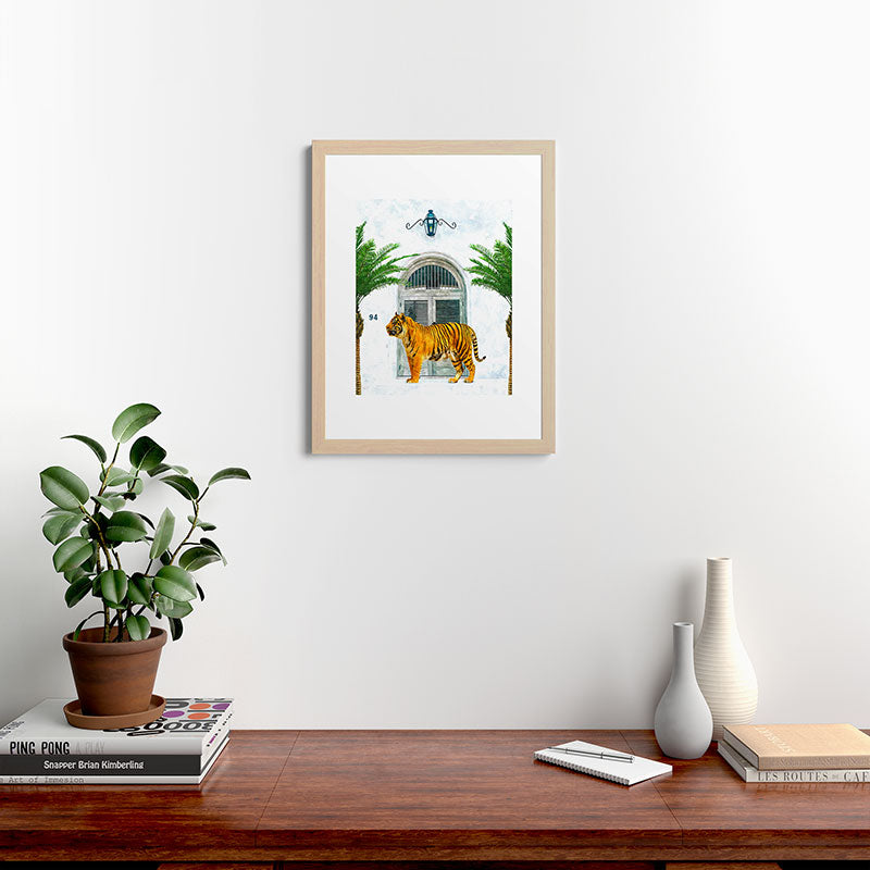 94 Tropical, Greece Architecture Buildings Tiger Wild Cat Watercolor Palm Travel Bohemian Painting Framed Art Print