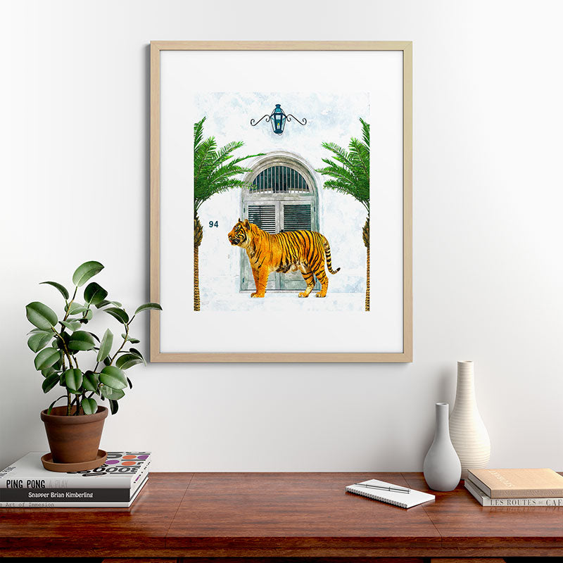 94 Tropical, Greece Architecture Buildings Tiger Wild Cat Watercolor Palm Travel Bohemian Painting Framed Art Print
