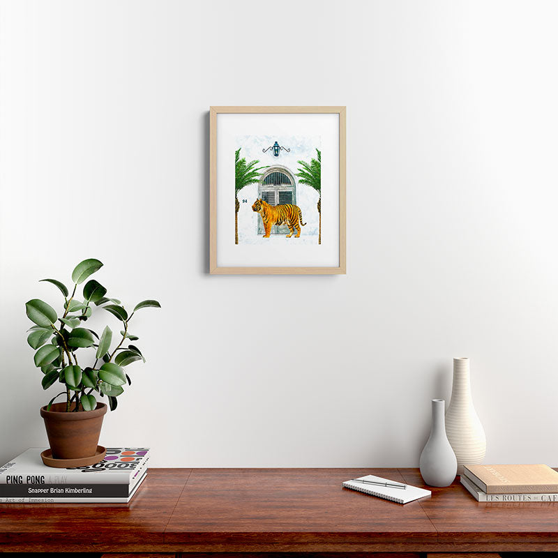 94 Tropical, Greece Architecture Buildings Tiger Wild Cat Watercolor Palm Travel Bohemian Painting Framed Art Print