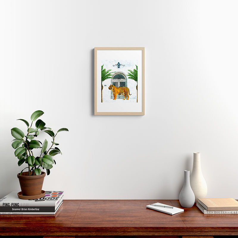 94 Tropical, Greece Architecture Buildings Tiger Wild Cat Watercolor Palm Travel Bohemian Painting Framed Art Print