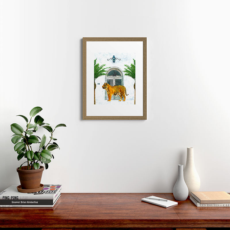 94 Tropical, Greece Architecture Buildings Tiger Wild Cat Watercolor Palm Travel Bohemian Painting Framed Art Print