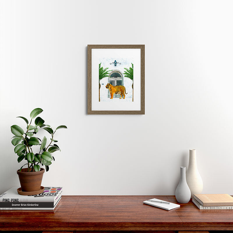 94 Tropical, Greece Architecture Buildings Tiger Wild Cat Watercolor Palm Travel Bohemian Painting Framed Art Print
