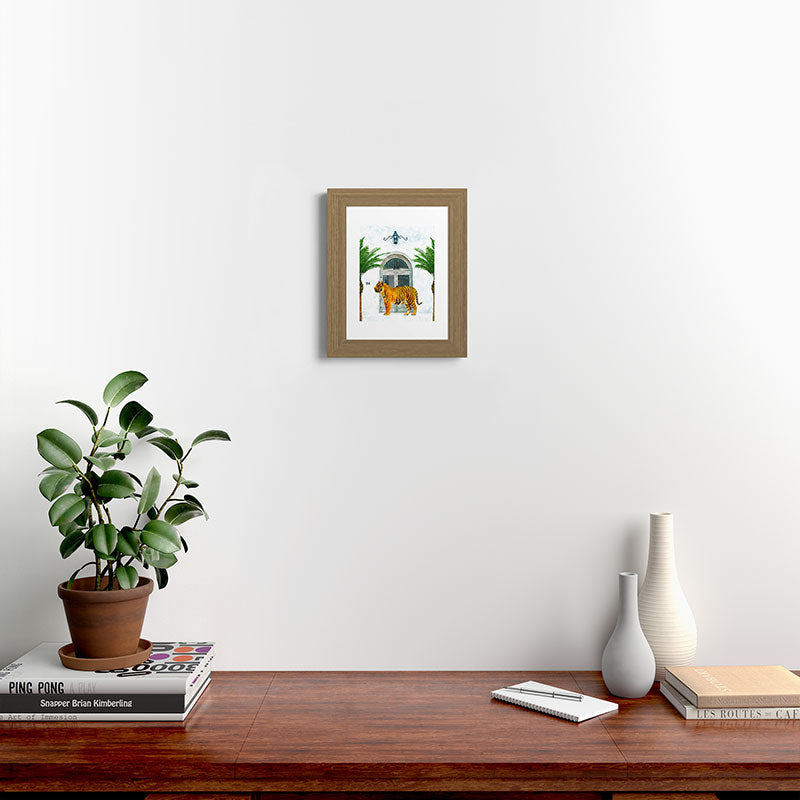 94 Tropical, Greece Architecture Buildings Tiger Wild Cat Watercolor Palm Travel Bohemian Painting Framed Art Print