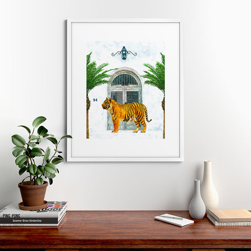 94 Tropical, Greece Architecture Buildings Tiger Wild Cat Watercolor Palm Travel Bohemian Painting Framed Art Print