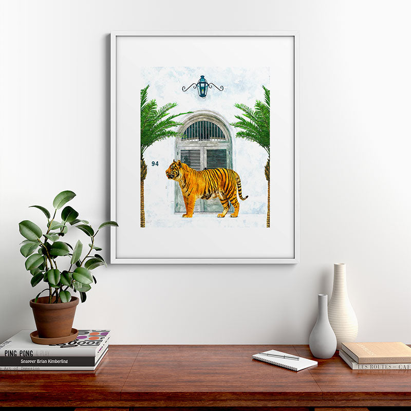 94 Tropical, Greece Architecture Buildings Tiger Wild Cat Watercolor Palm Travel Bohemian Painting Framed Art Print