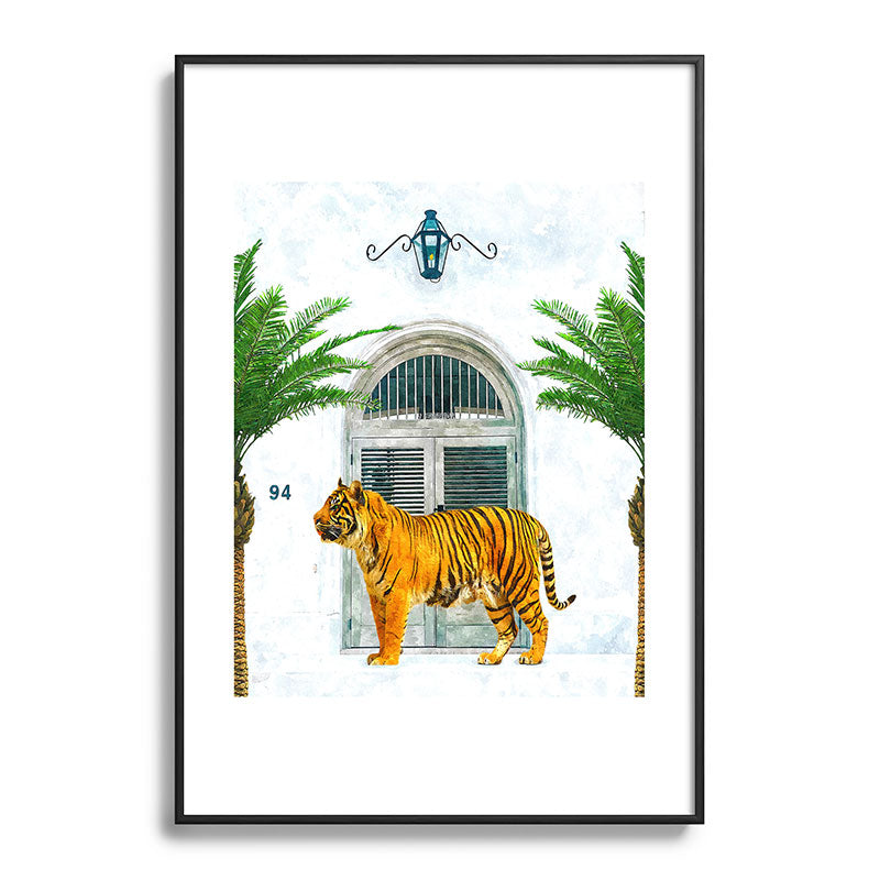 94 Tropical, Greece Architecture Buildings Tiger Wild Cat Watercolor Palm Travel Bohemian Painting Framed Art Print