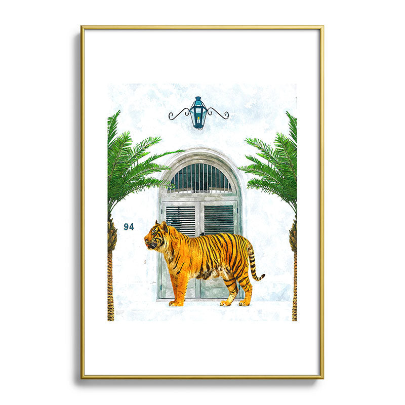 94 Tropical, Greece Architecture Buildings Tiger Wild Cat Watercolor Palm Travel Bohemian Painting Framed Art Print