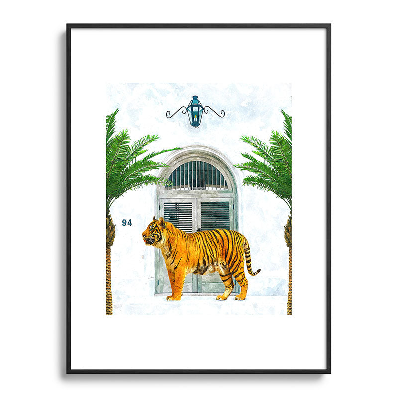 94 Tropical, Greece Architecture Buildings Tiger Wild Cat Watercolor Palm Travel Bohemian Painting Framed Art Print