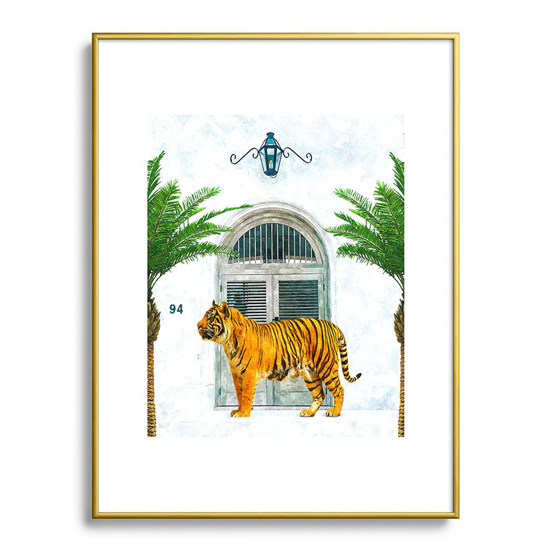 94 Tropical, Greece Architecture Buildings Tiger Wild Cat Watercolor Palm Travel Bohemian Painting Framed Art Print