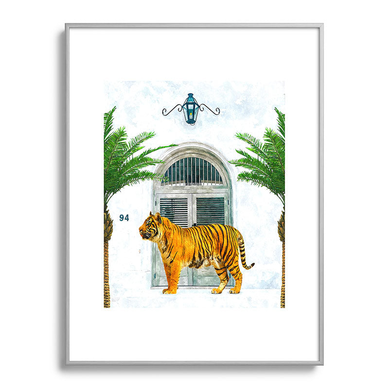 94 Tropical, Greece Architecture Buildings Tiger Wild Cat Watercolor Palm Travel Bohemian Painting Framed Art Print
