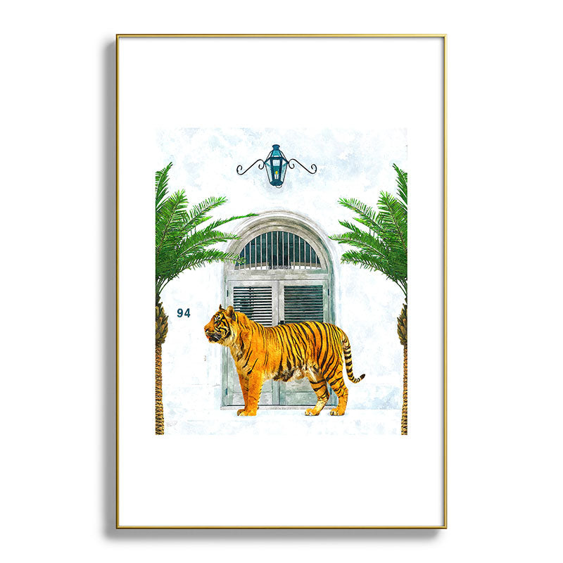 94 Tropical, Greece Architecture Buildings Tiger Wild Cat Watercolor Palm Travel Bohemian Painting Framed Art Print