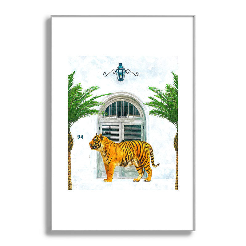 94 Tropical, Greece Architecture Buildings Tiger Wild Cat Watercolor Palm Travel Bohemian Painting Framed Art Print