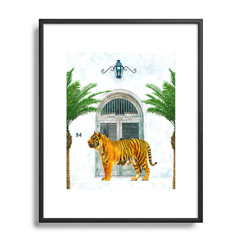 94 Tropical, Greece Architecture Buildings Tiger Wild Cat Watercolor Palm Travel Bohemian Painting Framed Art Print