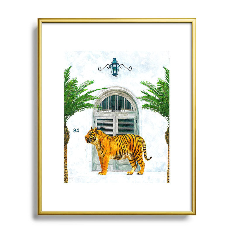 94 Tropical, Greece Architecture Buildings Tiger Wild Cat Watercolor Palm Travel Bohemian Painting Framed Art Print