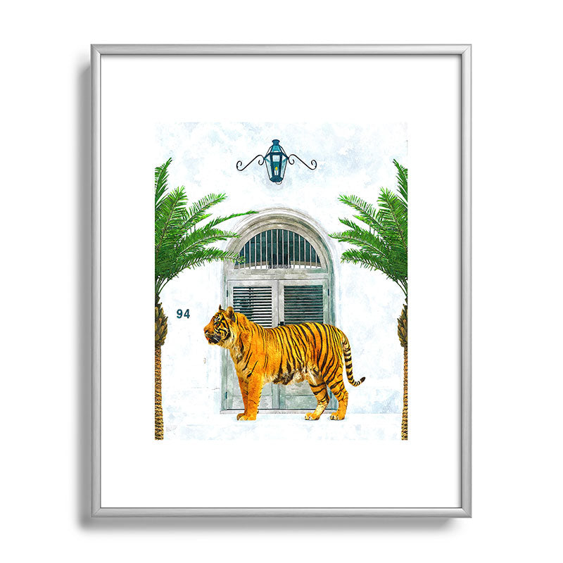94 Tropical, Greece Architecture Buildings Tiger Wild Cat Watercolor Palm Travel Bohemian Painting Framed Art Print