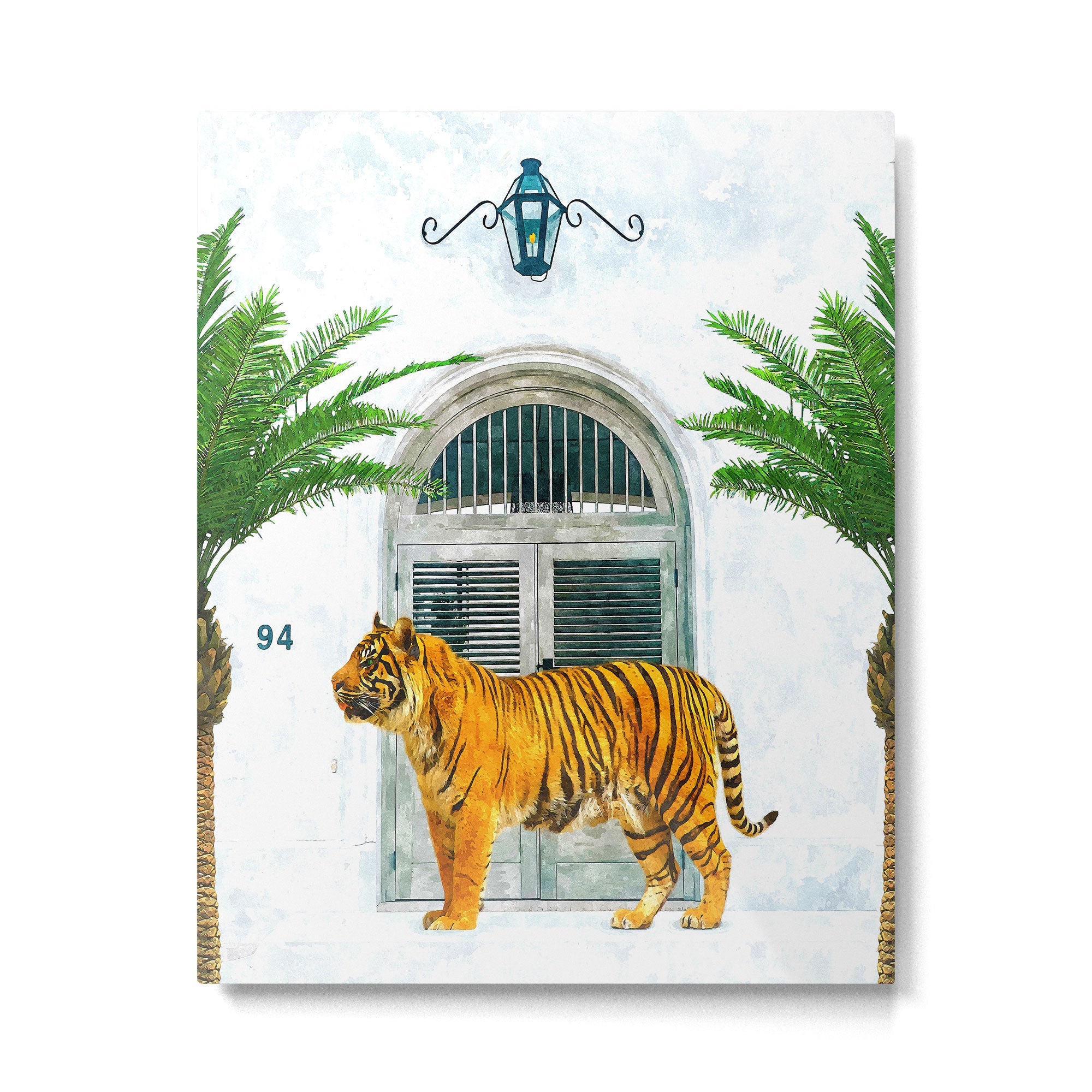 94 Tropical, Greece Architecture Buildings Tiger Wild Cat Watercolor Palm Travel Bohemian Painting Metal Print