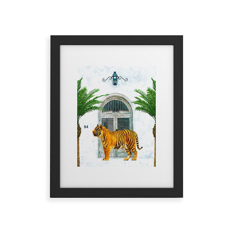 94 Tropical, Greece Architecture Buildings Tiger Wild Cat Watercolor Palm Travel Bohemian Painting Framed Art Print