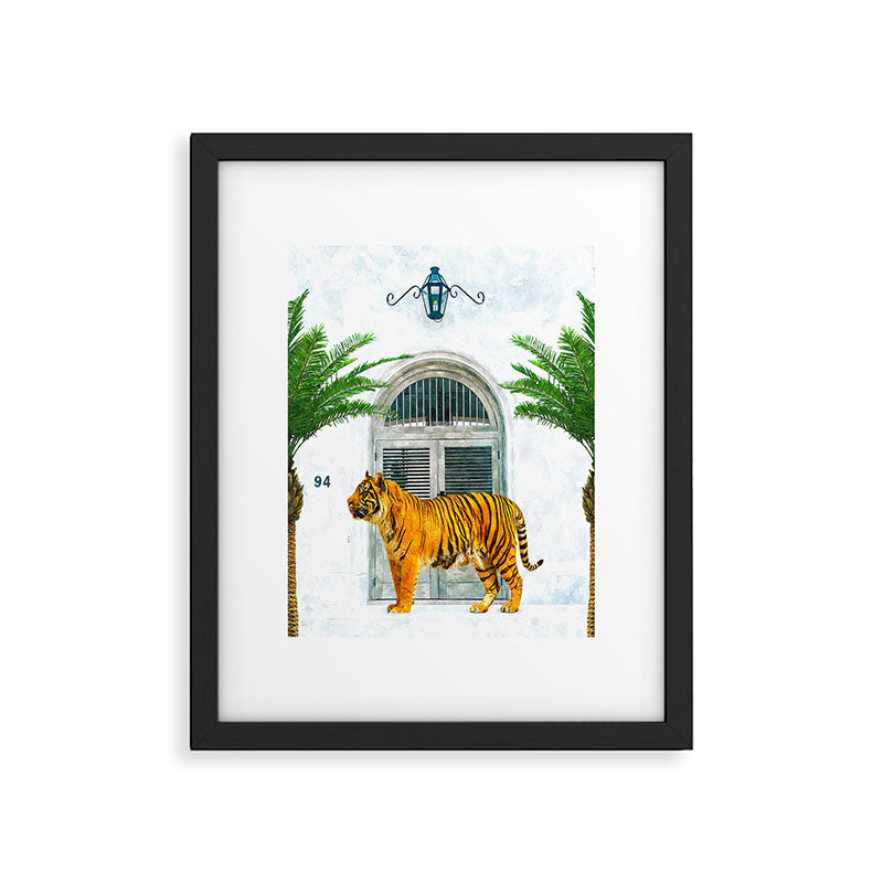 94 Tropical, Greece Architecture Buildings Tiger Wild Cat Watercolor Palm Travel Bohemian Painting Framed Art Print