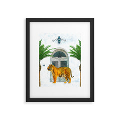 94 Tropical, Greece Architecture Buildings Tiger Wild Cat Watercolor Palm Travel Bohemian Painting Framed Art Print