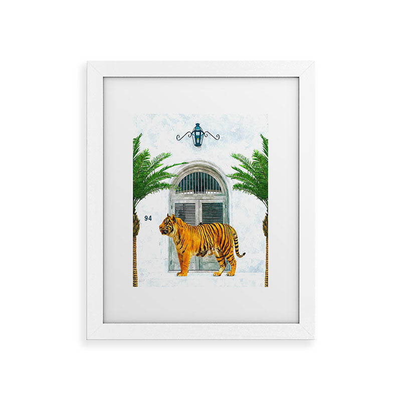 94 Tropical, Greece Architecture Buildings Tiger Wild Cat Watercolor Palm Travel Bohemian Painting Framed Art Print