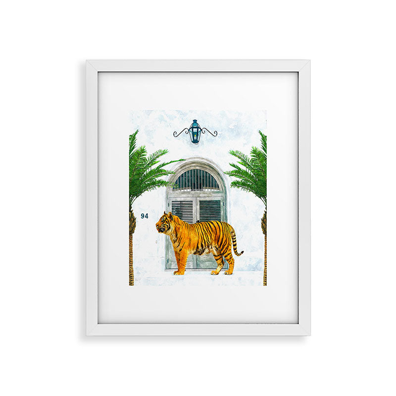 94 Tropical, Greece Architecture Buildings Tiger Wild Cat Watercolor Palm Travel Bohemian Painting Framed Art Print