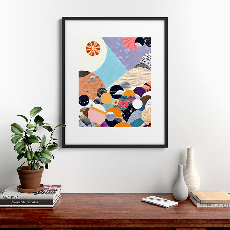 A Fantastic Journey, Graphic Collage Eclectic, Cutout Pop Art Contemporary, Snow Mountain Winter Textures Patterns, Geometric Digital Framed Art Print
