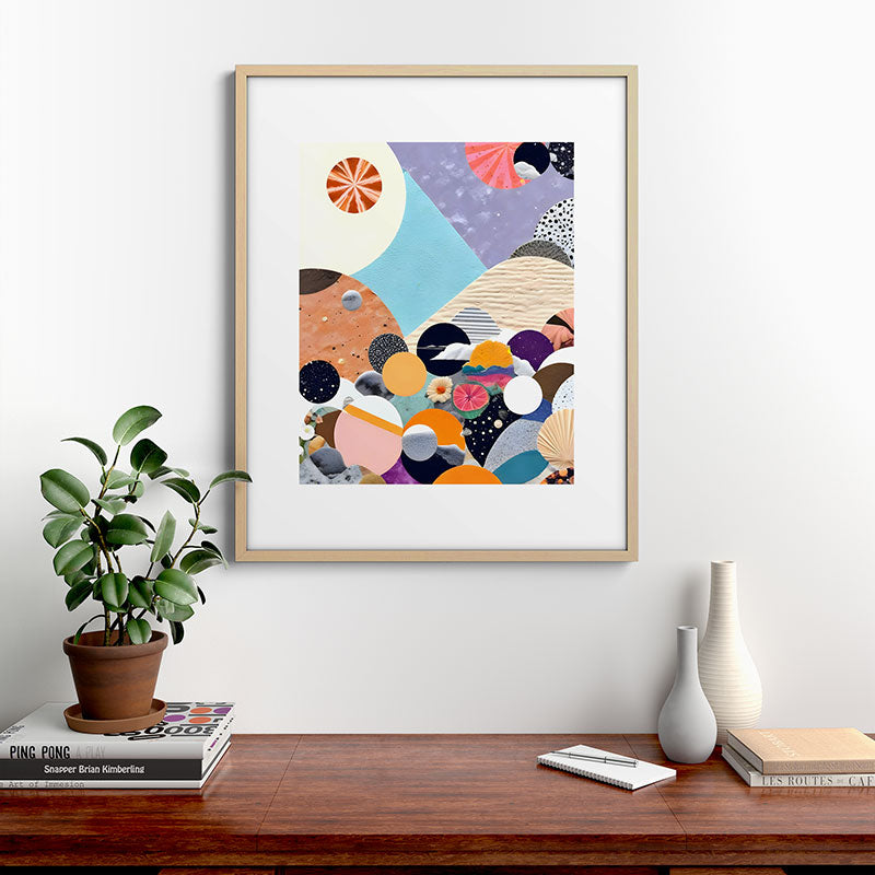 A Fantastic Journey, Graphic Collage Eclectic, Cutout Pop Art Contemporary, Snow Mountain Winter Textures Patterns, Geometric Digital Framed Art Print