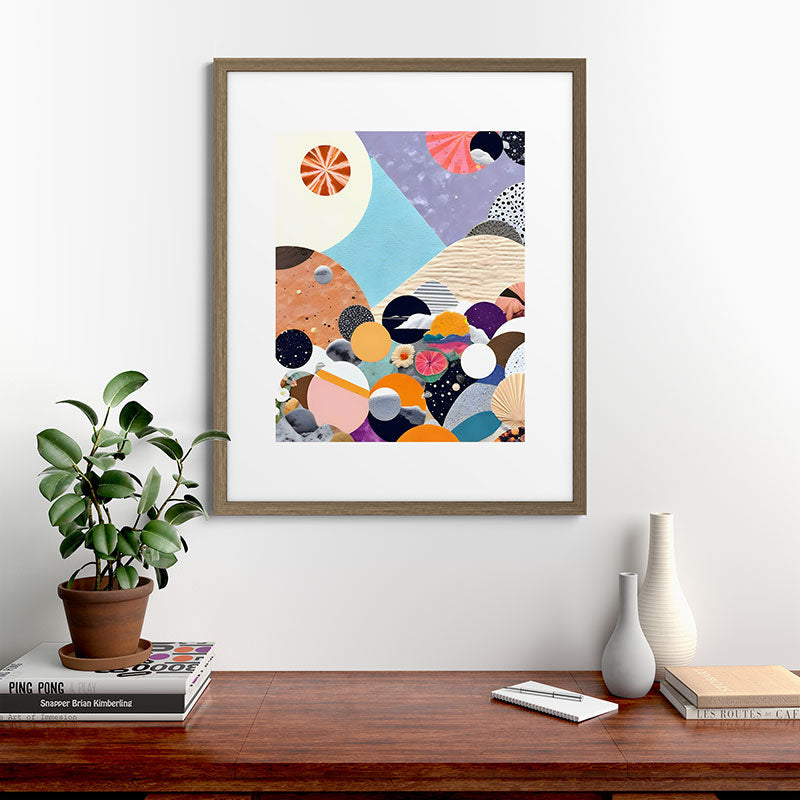 A Fantastic Journey, Graphic Collage Eclectic, Cutout Pop Art Contemporary, Snow Mountain Winter Textures Patterns, Geometric Digital Framed Art Print