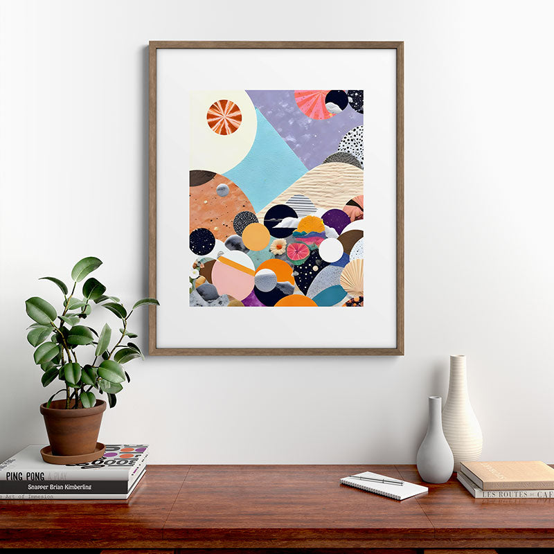 A Fantastic Journey, Graphic Collage Eclectic, Cutout Pop Art Contemporary, Snow Mountain Winter Textures Patterns, Geometric Digital Framed Art Print