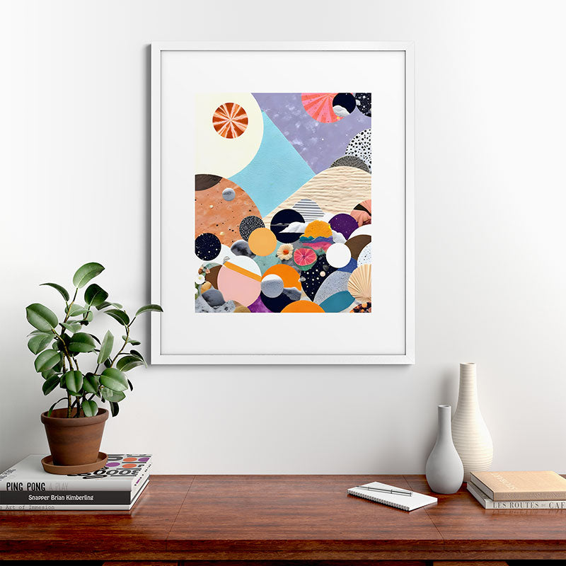 A Fantastic Journey, Graphic Collage Eclectic, Cutout Pop Art Contemporary, Snow Mountain Winter Textures Patterns, Geometric Digital Framed Art Print