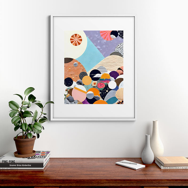 A Fantastic Journey, Graphic Collage Eclectic, Cutout Pop Art Contemporary, Snow Mountain Winter Textures Patterns, Geometric Digital Framed Art Print