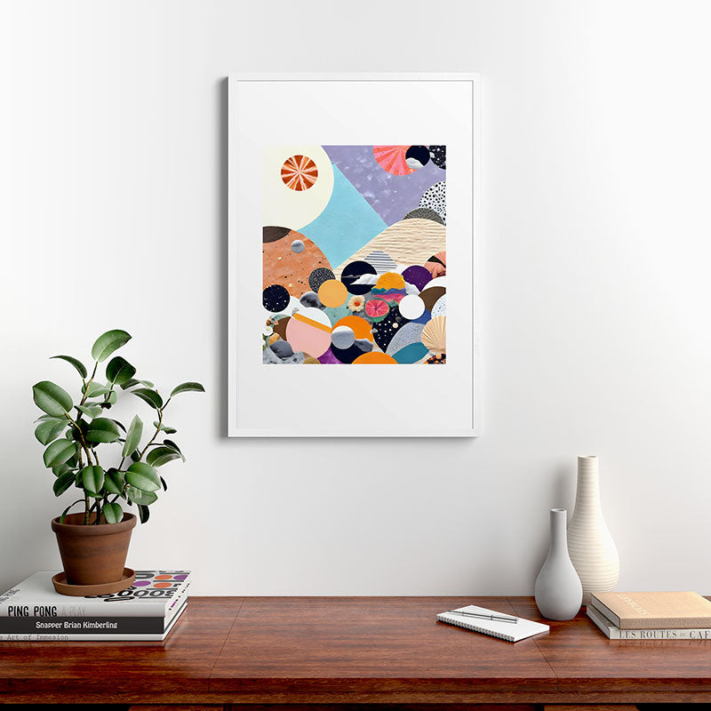 A Fantastic Journey, Graphic Collage Eclectic, Cutout Pop Art Contemporary, Snow Mountain Winter Textures Patterns, Geometric Digital Framed Art Print