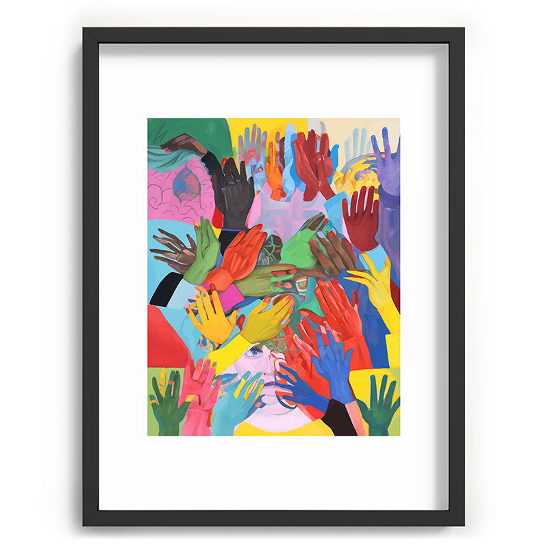 A Hand Is All We Need, Abstract Human Face Community, Humanity People Colorful Concept Positivity Framed Art Print