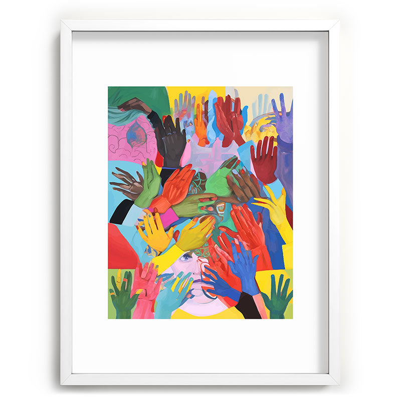 A Hand Is All We Need, Abstract Human Face Community, Humanity People Colorful Concept Positivity Framed Art Print