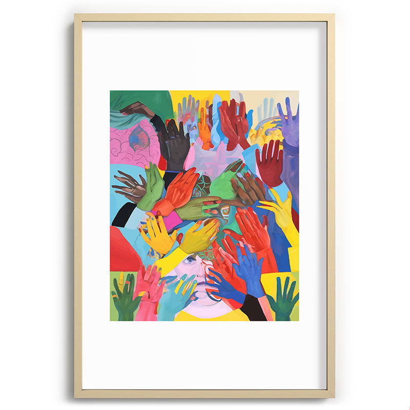 A Hand Is All We Need, Abstract Human Face Community, Humanity People Colorful Concept Positivity Framed Art Print