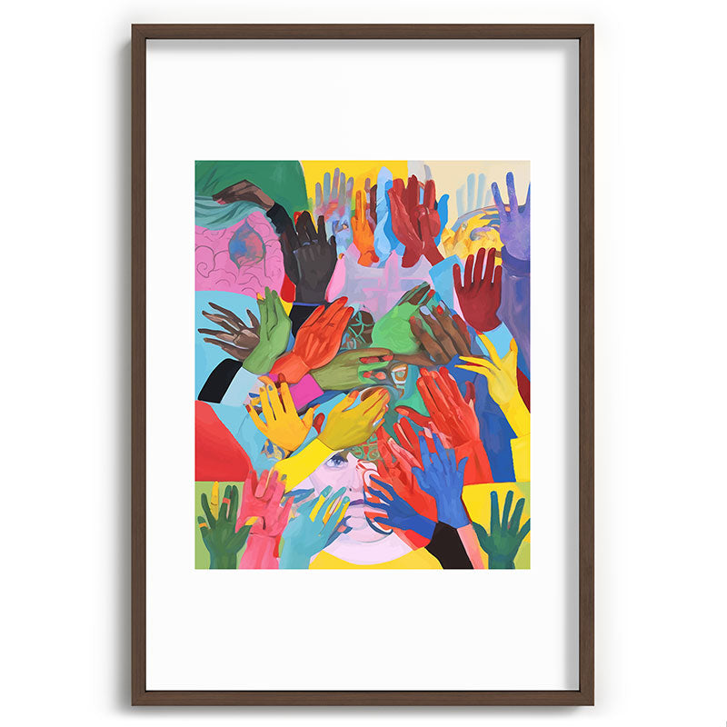 A Hand Is All We Need, Abstract Human Face Community, Humanity People Colorful Concept Positivity Framed Art Print